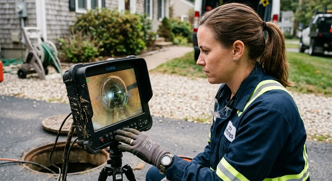 Technician reviewing sewer camera inspection footage in Chesapeake Beach