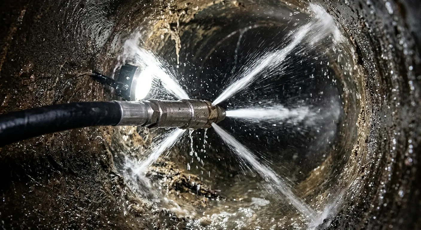 High-pressure hydro jetting nozzle cleaning sewer pipe for Storm Drain Cleaning in Chesapeake Beach