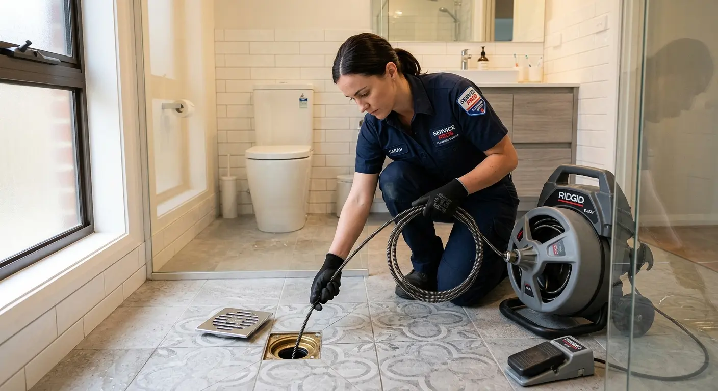 Technician clearing a bathroom floor drain for Drain Repair in Chesapeake Beach